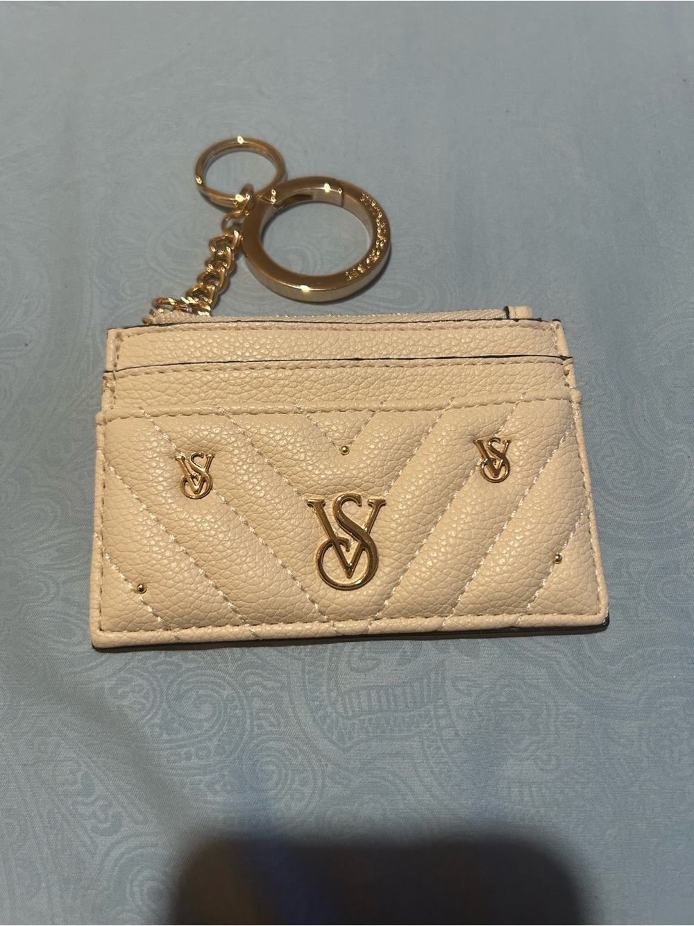 Victoria's Secret Cream Quilted Cardholder Keyring with Gold Hardware